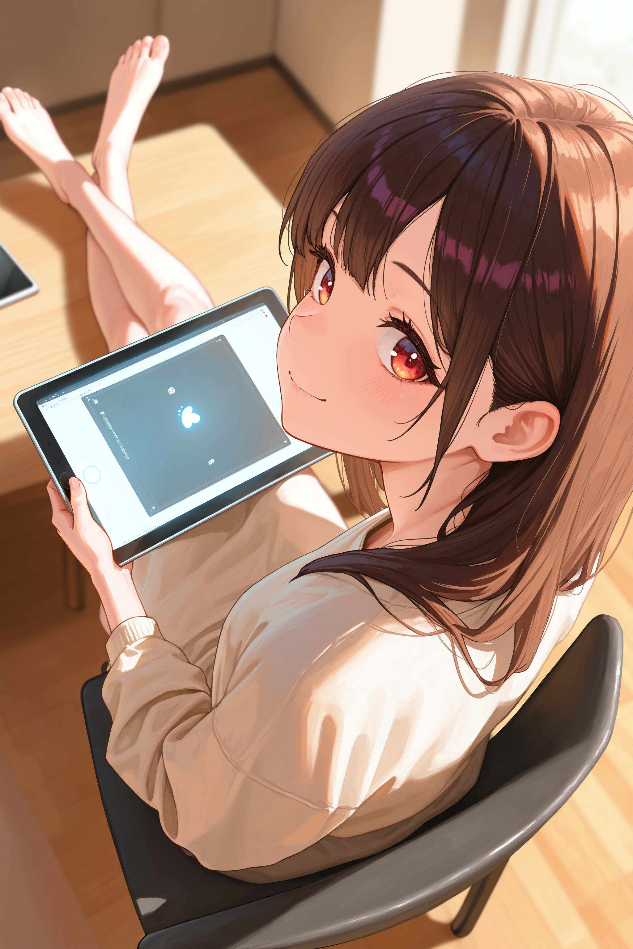 masterpiece, best quality, absurdres, safe
1girl, sitting, outstretched legs, feet on table, crossed ankles, full body,
looking at viewer, on chair, foreshortening, from above, looking back, depth of field, 
smile, holding, ipad,
<lora:outstretched_legs_il_2_v2_final:1>