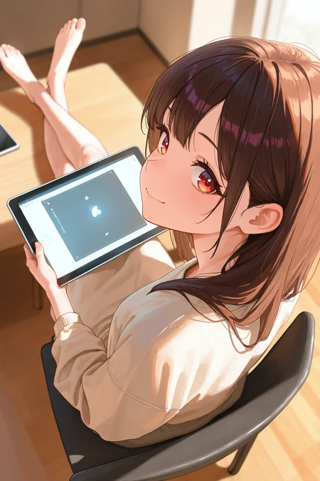 masterpiece, best quality, absurdres, safe
1girl, sitting, outstretched legs, feet on table, crossed ankles, full body,
looking at viewer, on chair, foreshortening, from above, looking back, depth of field, 
smile, holding, ipad,
<lora:outstretched_legs_il_2_v2_final:1>