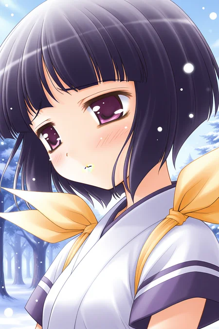masterpiece, best quality, absurdres, official art, official style, general BREAK <lora:arisakashiina_IL_v1-2:0.7>, arisaka shiina, 1girl, solo, purple eyes, black hair, purple hair, short hair, bob cut, blunt bangs, flat chest, small breasts BREAK japanese clothes, white dress, short sleeves, shoulder ribbon, yellow ribbon, blue line, upper body, close-up, portrait, outdoors, snowing,
blush, :<, closed mouth, looking at viewer, parted lips, raised eyebrows, sad