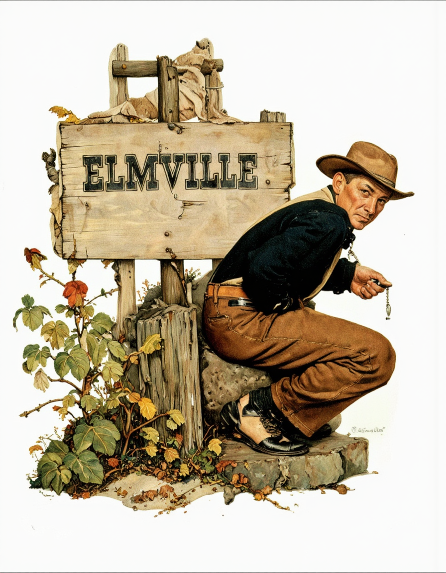 Art by Norman Rockwell. A vintage, cartoonish illustration from the side, depicting a man in a squatting position next to a wooden sign that reads "welcome to elmville." the man is wearing a black shirt, brown pants, and a brown hat, and is holding a small metal object in his right hand, which appears to be a whistle. he has a stern expression on his face and is looking directly at the viewer. the background is a plain white, and the image has a watermark in the bottom right corner.
