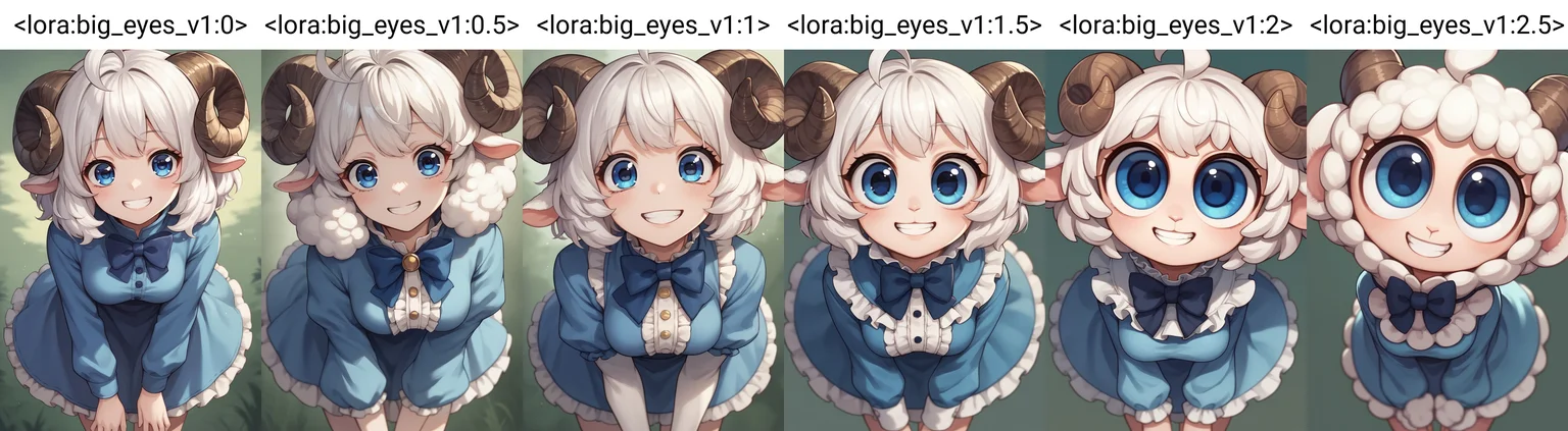 big eyes,
score_9,score_7_up,
leaning forward, smiling, grin,
1girl, solo, sheep girl, sheep horns, blue eyes, white hair, blue dress, frills, high collar, bowtie, ahoge,medium breasts,
score_8_up,score_6_up,score_5_up, source_anime, <lora:big_eyes_v1:0>