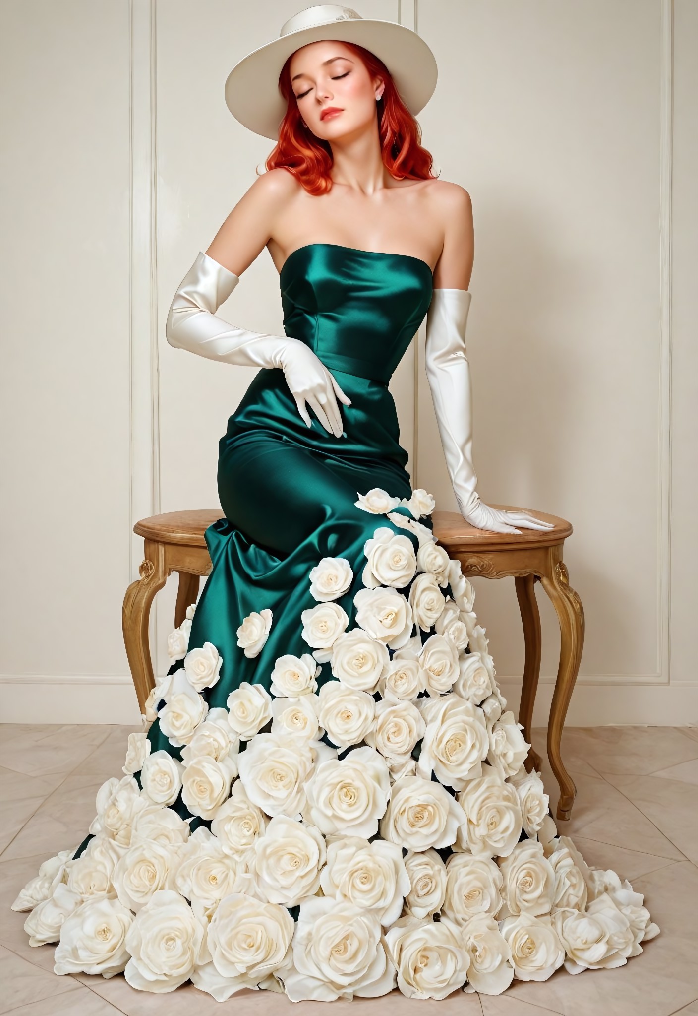 anime screenshot, 1girl, solo, red hair, strapless, green satin gown, white roses, green dress, bare shoulders, white flower, white rose, elbow gloves, strapless dress, white gloves, hat, pinup pose, sitting, closed eyes,