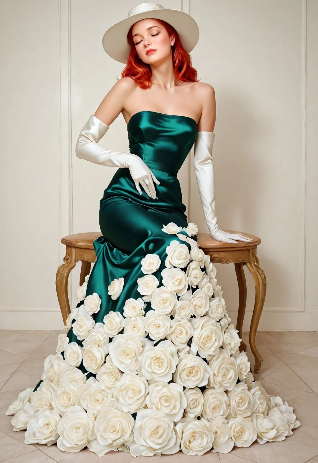 anime screenshot, 1girl, solo, red hair, strapless, green satin gown, white roses, green dress, bare shoulders, white flower, white rose, elbow gloves, strapless dress, white gloves, hat, pinup pose, sitting, closed eyes,