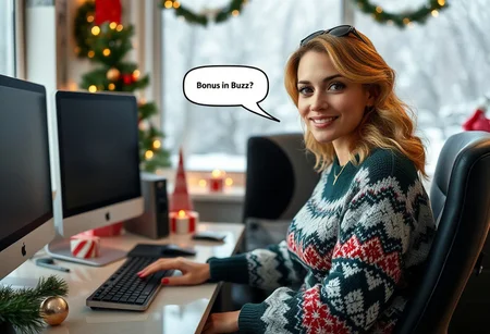Masterpiece, 32k, photo realistic, office workspace with a little Christmas decorations, semi side view, beautiful European woman, 35 years old with perfect big brown eyes, looks happy, sits at her desk, looking at viewer, she wears a golden necklaces, Christmas sweater, jeans, makeup, and jewelry. She is a natural beauty with a our glass figure and is very attractive and sexy. A few of her beauty features are red lips, toned body, seductive smile, cute face. She has blond wavy hair. Her sexy female contour is clearly visible. A few wrinkles and laugh lines give her face a extra natural appearance. She is looking at viewer and is sitting at her clear desk with only two computer screens and a keyboard. A background windows shows that it is winter, it snows outside. There is one speak bubble : "Bonus in Buzz ?".