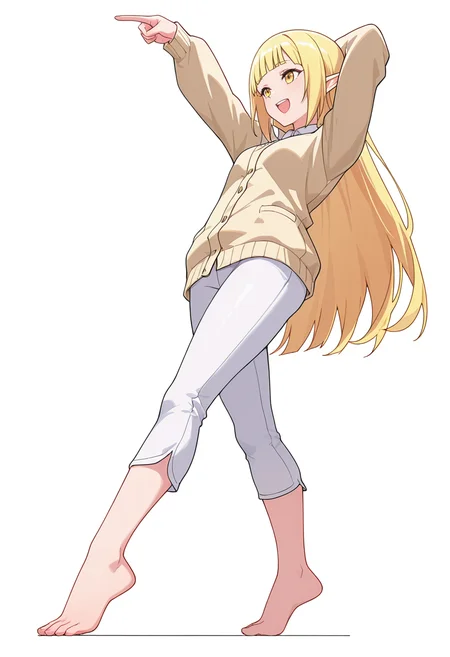 Smooth Quality,masterpiece,very intricate, high quality details, ultra realistic, high detailed skin,detailed enviorement,absurdres,
pointing at another,solo,
<lora:Rune_Noma_CNR:0.8> rune_cnr, pointy ears, blonde hair, long hair, yellow eyes, blunt bangs, elf,, simple background, white background, from below,
stretching, arms up, tiptoe, arched back, elegant, ,, :d,, cardigan, ,smoking jacket, ,capri pants, ,