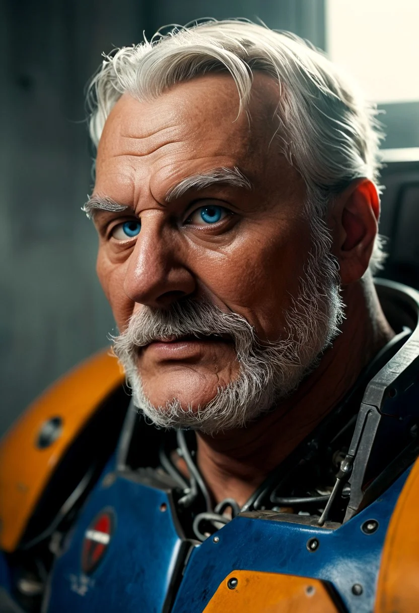 realistic, closeup portrait, face portrait, focus on face, seen from the side, dark cyberpunk megacity, neonlit background, volumetric light rays, natural light, alone, solo, relaxed cute pose, arm resting on leg, old granddad, old man, grandpa, tanned skin, strong tan, pubic-hair, pale blonde short hair, small flat crooked down nose, bushy eyebrows, hairy chest, chesthair, strong manly round chubby face, deep blue eyes, (charming, handsome, sensual, arrogant, challenging), wearing orange cybernetic armor, cables and wires, analogue tech, scifi armor, blue latex bodysuit, cybernetic bodysuit, cyberpunkt accessoires