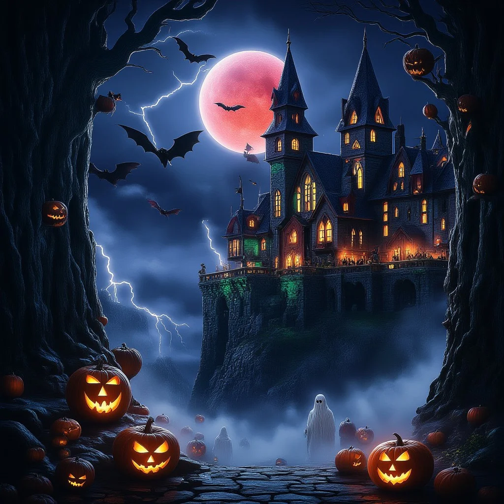 Depict an award-winning Halloween scene centered around a dark, ancient gothic castle perched atop a jagged cliff under a stormy, night sky. The castle is illuminated by eerie green and purple lights emanating from its towering, pointed windows. Lightning cracks in the background, briefly lighting up twisted, dead trees and sinister stone gargoyles perched along the castle walls. The castle courtyard is filled with life-sized jack-o'-lanterns with wicked grins, casting an orange glow across the cobblestones. A thick, creeping fog rolls over the ground, with ghostly figures barely visible within. Bats fly around the spires, and a blood-red moon looms large overhead, casting an ominous, supernatural glow on the entire scene. Make the details breathtakingly intricate, with rich textures on the castle walls, eerie mist effects, and an overall sense of haunting beauty and mystery