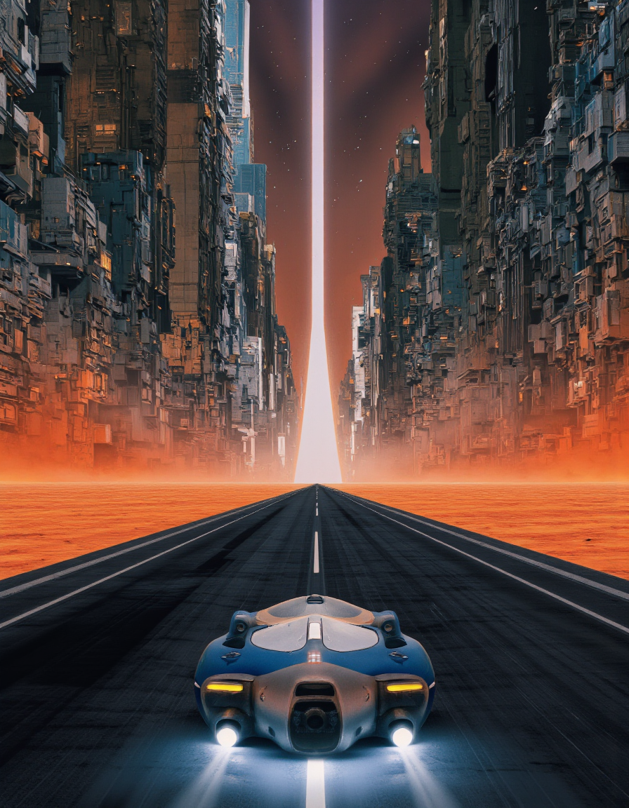 By Paul Chadeisson. A digital illustration shoot from a far camera angle about a futuristic cityscape with a futuristic vehicle in the middle of the image, set against a backdrop of towering skyscrapers and a glowing cityscape. the scene is set in a futuristic, sci-fi environment, with a long, empty road stretching out into the distance, casting a warm, orange glow over the scene. in the foreground, a large, round, metallic vehicle with a sleek, futuristic design is positioned in the center of the frame, with its headlights shining brightly on the road. the vehicle appears to be a small, sleek, metallic object with a blue and white color scheme, and it is facing the viewer. the road stretches out in front of the vehicle, creating a sense of depth and perspective. the cityscape behind the vehicle is filled with tall, metallic structures and towers, illuminated by a soft, warm light that casts a glow on the surrounding environment. the overall effect is one of a stunning, futuristic, cyberpunk scene, with the image exuding an air of mystery and adventure.
