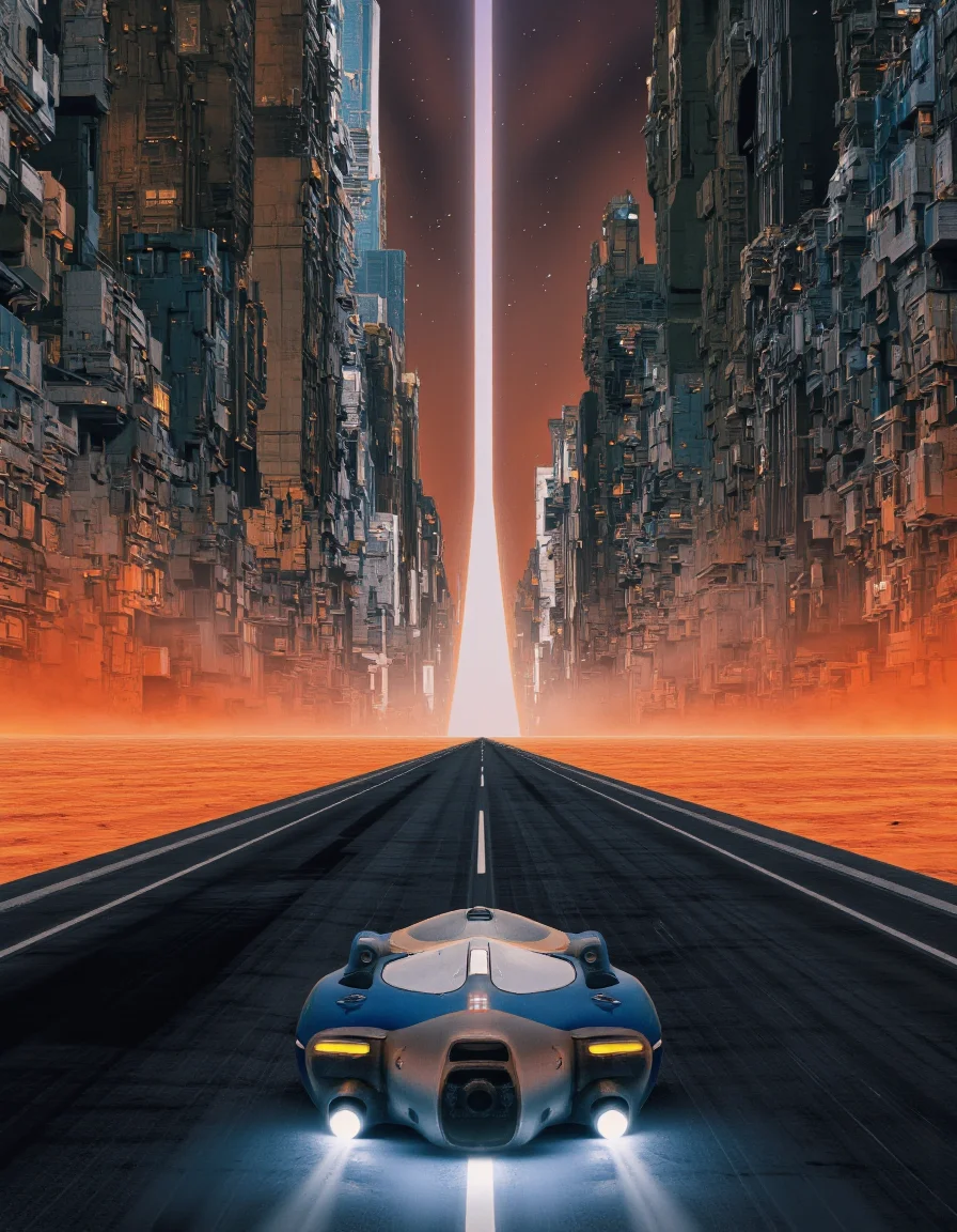 By Paul Chadeisson. A digital illustration shoot from a far camera angle about a futuristic cityscape with a futuristic vehicle in the middle of the image, set against a backdrop of towering skyscrapers and a glowing cityscape. the scene is set in a futuristic, sci-fi environment, with a long, empty road stretching out into the distance, casting a warm, orange glow over the scene. in the foreground, a large, round, metallic vehicle with a sleek, futuristic design is positioned in the center of the frame, with its headlights shining brightly on the road. the vehicle appears to be a small, sleek, metallic object with a blue and white color scheme, and it is facing the viewer. the road stretches out in front of the vehicle, creating a sense of depth and perspective. the cityscape behind the vehicle is filled with tall, metallic structures and towers, illuminated by a soft, warm light that casts a glow on the surrounding environment. the overall effect is one of a stunning, futuristic, cyberpunk scene, with the image exuding an air of mystery and adventure.