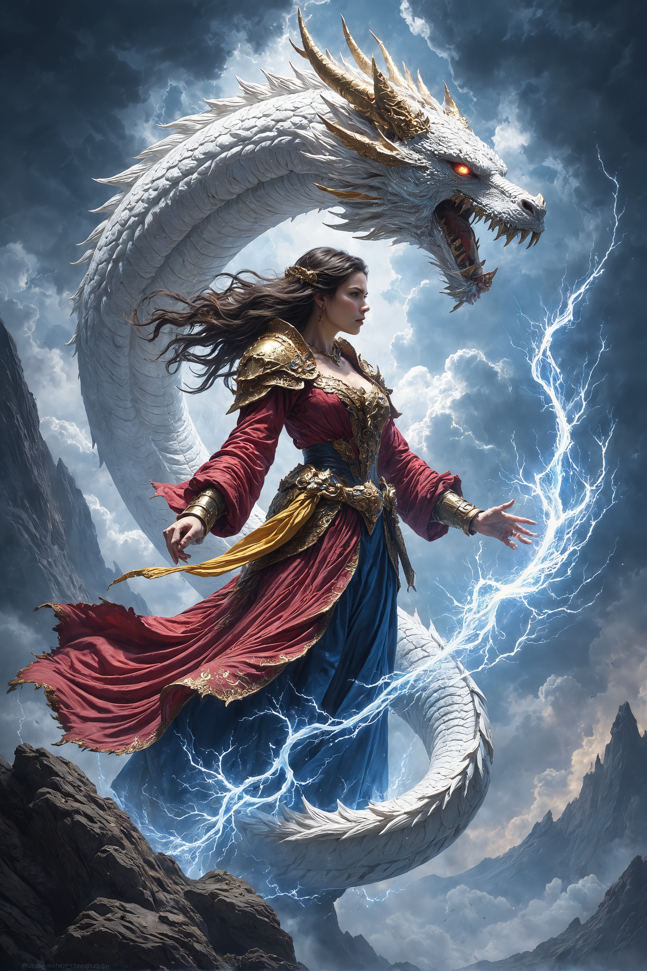A mystical scene depicts a powerful sorceress adorned in an intricate red and blue robe, embroidered with golden details and tied with a yellow sash. Her hair flows freely as she controls a swirling vortex of crackling blue energy surrounding her. Behind her, a majestic white dragon, intricately detailed with flowing tendrils and a fierce expression, coils through the air, its eyes glowing with a supernatural light. The dragon and the sorceress are entwined in the vortex, which illuminates the scene with an ethereal glow, creating an intense and dynamic composition. The background is a stormy sky, accentuated by the swirling energy and the dragon's powerful presence, emphasizing the sorceress's command over elemental forces.FredFraiStyle, Knight, Armor, Warrior, hkevil, w4rh4mm3r style oil painting, grimdark,<lora:FredFraiStyle-FLUX-Share>