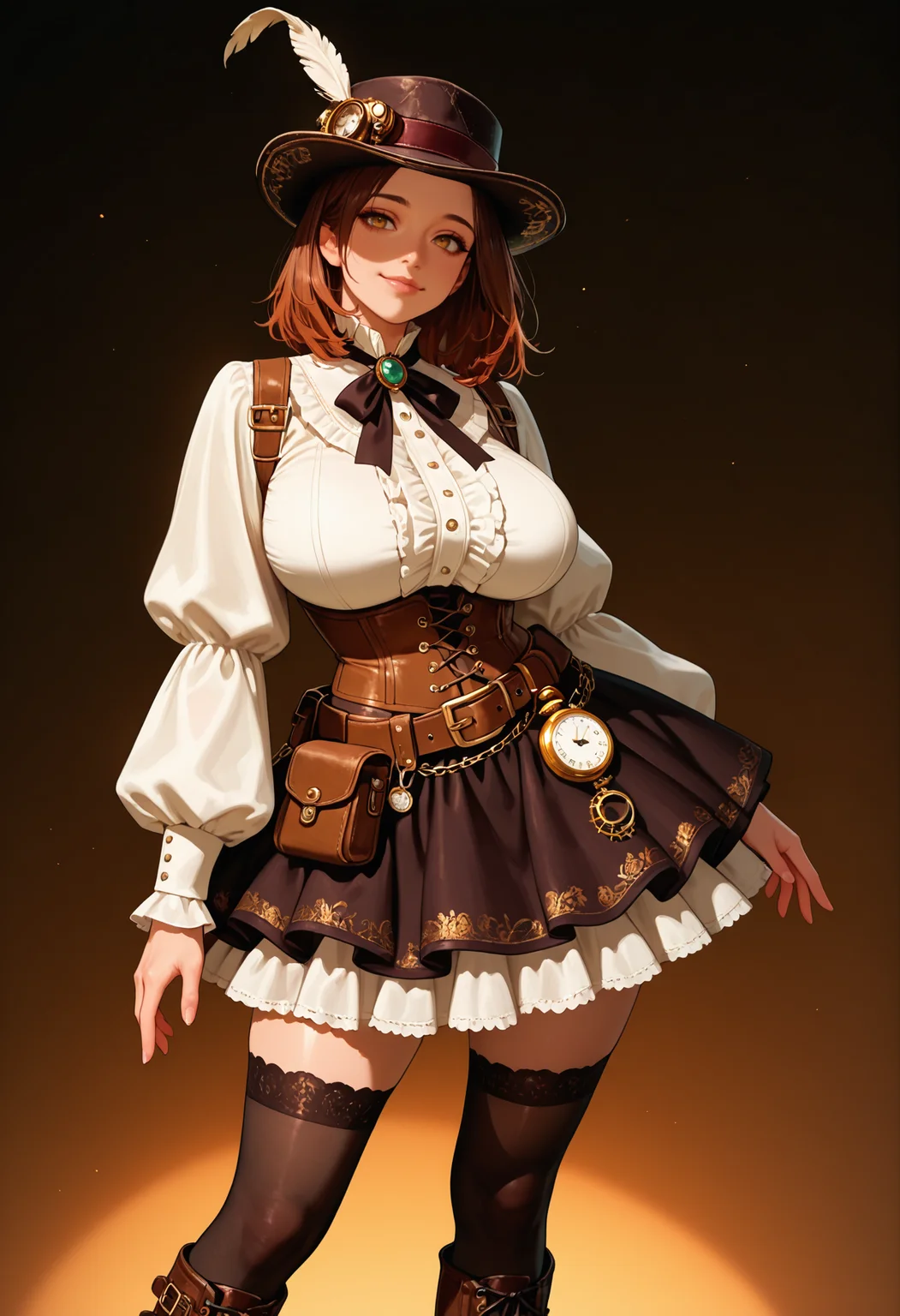 1woman, solo, beautiful woman, athletic body,
medium hair,
lips, cheerful eyes, relaxed face, light smile, , looking at viewer,
huge breasts, natural breasts, (sagging breasts:0.7),
steampunk fashion, victorian steampunk dress, underbust brocade corset, brown leather corset with metal clasps and studs, high-low layered skirt, gathered bustle skirt, ruffled white blouse, long puffed sleeves, cravat neckline, vintage belt with pouch, steampunk accessories, pocket watch chain, black knee-high socks with embroidery, lace-up boots, black fedora hat with ribbon and feather,
standing, contrapposto, (legs apart:0.7),
empty hands,
ambient lighting, highres, hi res, best quality, masterpiece, intricate details, absurdres, 4k,