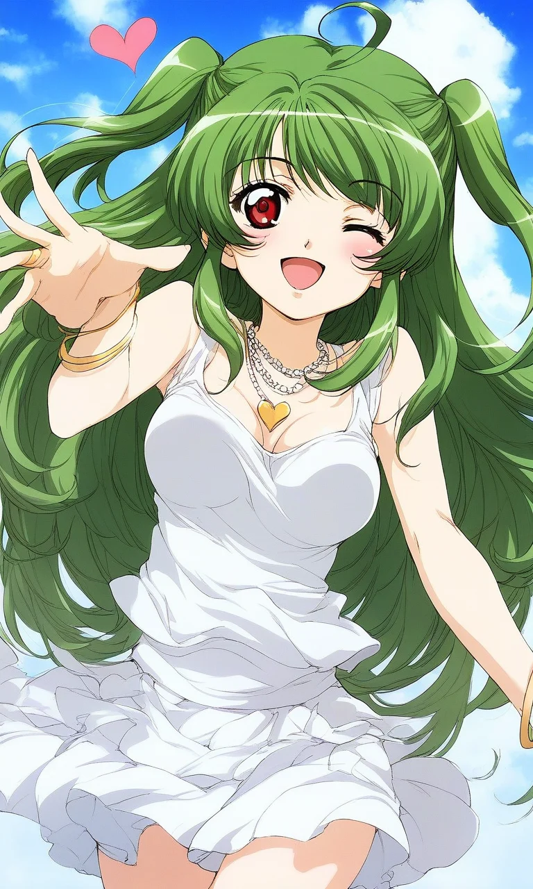 score_9, score_8_up, score_7_up, source_anime, rating_explicit, BREAK  <lora:Yoko_Inukami_XL:1> Yoko_Inukami, green hair,  very long hair, ahoge, red eyes, two side up, jewelry, necklace, breasts, 
one eye closed, white skirt, heart, blush, smile, open mouth
grassland, sky,