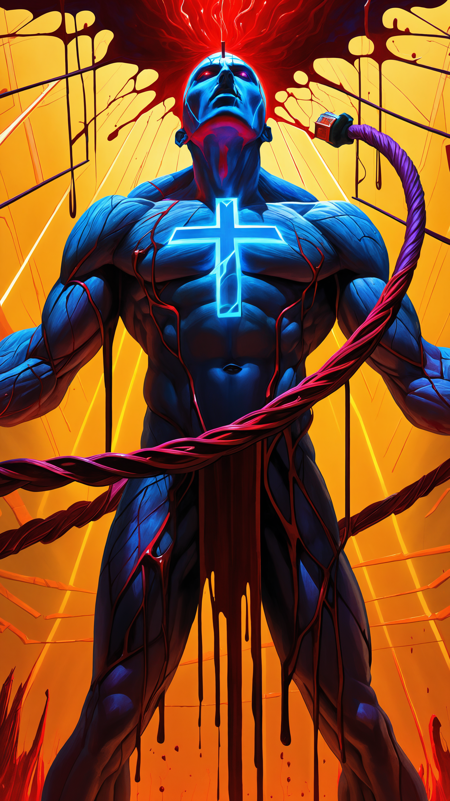 fighting game style masterpiece, best quality, ultra realistic, 32k, RAW photo, detail skin, 8k uhd, dslr, high quality, film grain,\nShort and messy hair . dynamic, vibrant, action-packed, detailed character design, reminiscent of fighting video games, black bloody veins growing and intertwining out of the darkness, oozing thick neon rainbow blood, veins growing and pumping blood, vascular networks growing, connecting, expanding, red veins everywhere, zdzislaw beksinski, (vibrant colors:1.1), (Infrared:1.2), Rust, Hypercube, ultra detailed, intricate, oil on canvas, ((dry brush, ultra sharp)), (surrealism:1.1), (disturbing:1.1), beksinski style painting, sparks, lens flare, rim lighting, backlighting, RTX, Post Processing, satanic cross, man body, muscular, venom costume, (japanese portal), death shadow nightmare ethereal beast, floating into the abyssal heights, nebula, cinematic, dreaming, Film light, bathing in light, very sharp focus, Hyper detailed, Hyper realistic, masterpiece, spiritual, surreal, atmospheric, maroon cream bronze, High resolution, Vibrant, High contrast, dark angle, 8k, HDR, 500px, dystopian