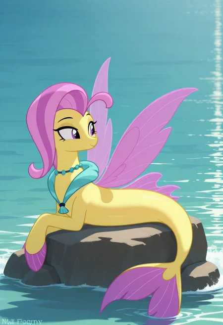 (masterpiece:1.2), (best quality:1.2), (very aesthetic:1.2), (absurdres:1.2), (detailed background), newest, sharp focus, perfect light, dynamic light, natural light, (best quality), 1girl, solo, Ocean Flow, seapony, my little pony, purple hair, multicolored hair, yellow skin, mermaid, mermaid tail, yellow mermaid tail, purple mermaid fluke, purple eyes, purple fins, head fins, fin wings. fairy wings, purple wings, sits on rock
