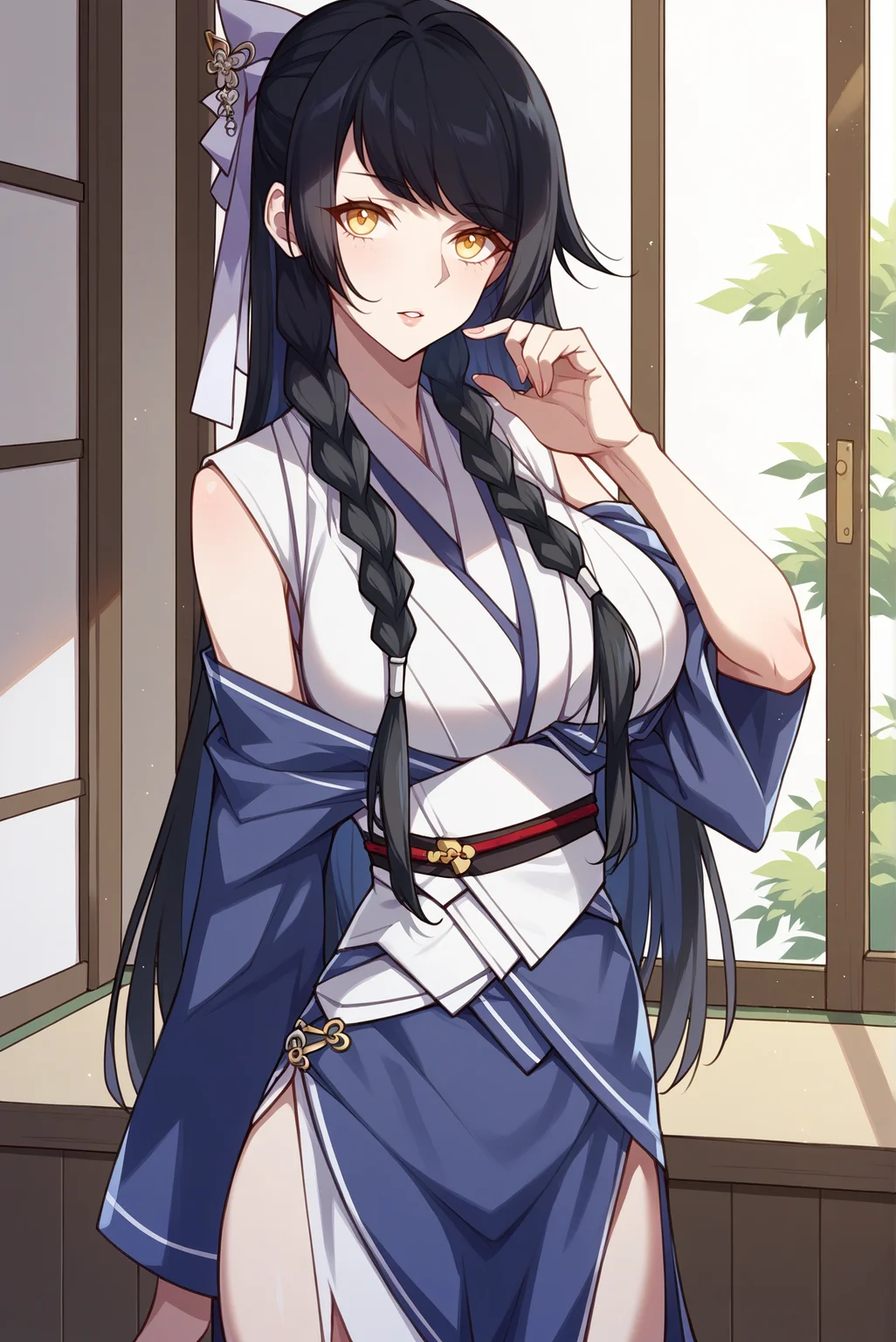 score_9, score_8_up, score_7_up, score_6_up, source_anime, 1girl, slender, solo, zhaoyu, <lora:ZhaoyuPDXL-V1:1>
BREAK (parted lips, yellow eyes), (black hair, long hair, large breasts)
BREAK (japanese clothes, kimono, hair ornament, side slit, obi, hair ribbon:1.4), (looking at viewer, cowboy shot:1.2), indoors, day