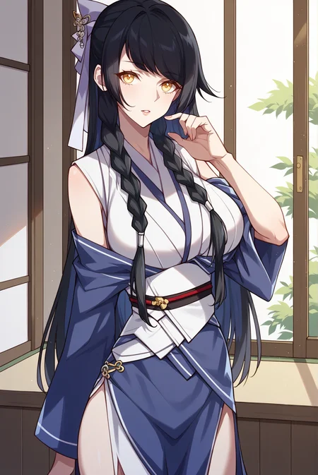 score_9, score_8_up, score_7_up, score_6_up, source_anime, 1girl, slender, solo, zhaoyu, <lora:ZhaoyuPDXL-V1:1>
BREAK (parted lips, yellow eyes), (black hair, long hair, large breasts)
BREAK (japanese clothes, kimono, hair ornament, side slit, obi, hair ribbon:1.4), (looking at viewer, cowboy shot:1.2), indoors, day