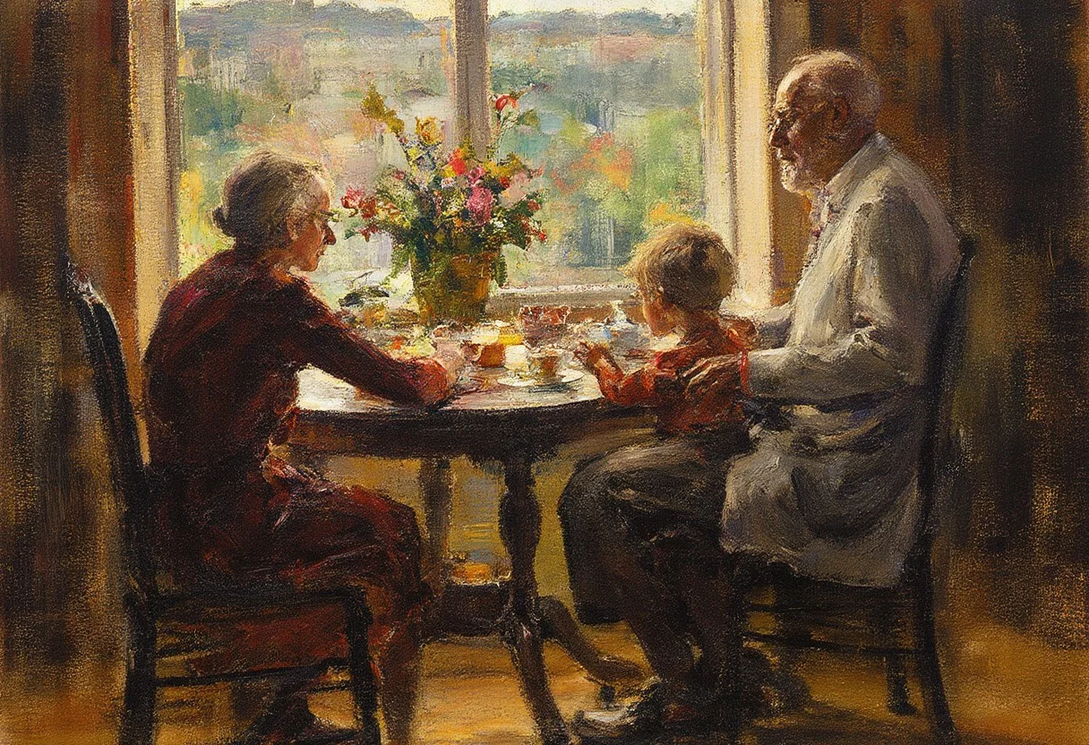 [old couple, 1girl, 1boy], France 1930s-1940s, sitting in front of a window, 2nd floor, watching the street below, 
sunrise, sunshine, indoor, room, wooden floor, potted plant, window shade, window, sitting, table, chair, tea, 
BREAK, 
[art by Huang Guangjian and Giovanni Boldini], 
contemporary, Impressionism, landscapes, oil-painting, Italian, portraits, painting, figure-studies, elegance, opulence, everyday-life, 
impressionist painting, loose brushwork, vibrant color, light and shadow play, captures feeling over form, 
fragment, intricate embroidery, glowing, abstract, splash oil knife brush, 
beautiful, detailed, textural, artistic, vivid, vibrant, very aesthetic, intricate details, highly detailed, ultra-detailed, absurdres, 
Fechin, oil painting, IMPRESSIONISM, Oil Paintings by Nicolai Fechin,
