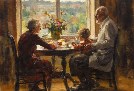 [old couple, 1girl, 1boy], France 1930s-1940s, sitting in front of a window, 2nd floor, watching the street below, 
sunrise, sunshine, indoor, room, wooden floor, potted plant, window shade, window, sitting, table, chair, tea, 
BREAK, 
[art by Huang Guangjian and Giovanni Boldini], 
contemporary, Impressionism, landscapes, oil-painting, Italian, portraits, painting, figure-studies, elegance, opulence, everyday-life, 
impressionist painting, loose brushwork, vibrant color, light and shadow play, captures feeling over form, 
fragment, intricate embroidery, glowing, abstract, splash oil knife brush, 
beautiful, detailed, textural, artistic, vivid, vibrant, very aesthetic, intricate details, highly detailed, ultra-detailed, absurdres, 
Fechin, oil painting, IMPRESSIONISM, Oil Paintings by Nicolai Fechin,
