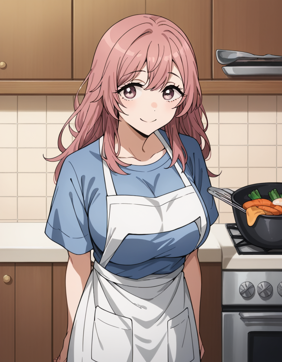 score_9, score_8_up, score_7_up, source_anime, <lora:shinju-inui-s1-ponyxl-lora-nochekaiser:1>, shinju inui, long hair, pink hair, pink eyes, large breasts,, skirt, shirt, short sleeves, white skirt, blue shirt,, kitchen, cooking, apron, cutting vegetables, home cooking, , looking at viewer, smile, from above,, solo,, cowboy shot, dutch angle