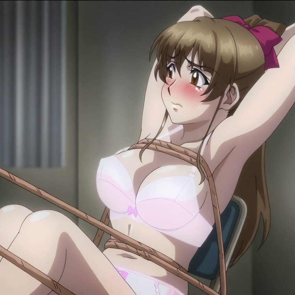 (SH1ZUK4SUN0H4R4:1.4), an anime styled image,1girl, brown hair, long hair, ponytail, hair bow, brown eyes, mature female, medium breasts, perky breasts, solo, cleavage, looking to the side, blushing, embarrassed, pink panties, pink bra, masterpiece, best quality, good quality, newest, indoors, dungeon, bdsm, restrained, sitting