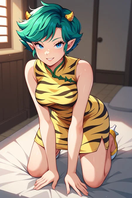 score_9, score_8_up, score_7_up, score_6_up, BREAK, LumMotherUYXL, blue eyes, green hair, short hair, bangs, yellow horns, short pointy ears, medium breasts, tiger print, yellow dress, sleeveless dress, white high heels, solo, full body, all fours, seductive smile, looking at viewer, indoors <lora:LumMotherUYXL:1>