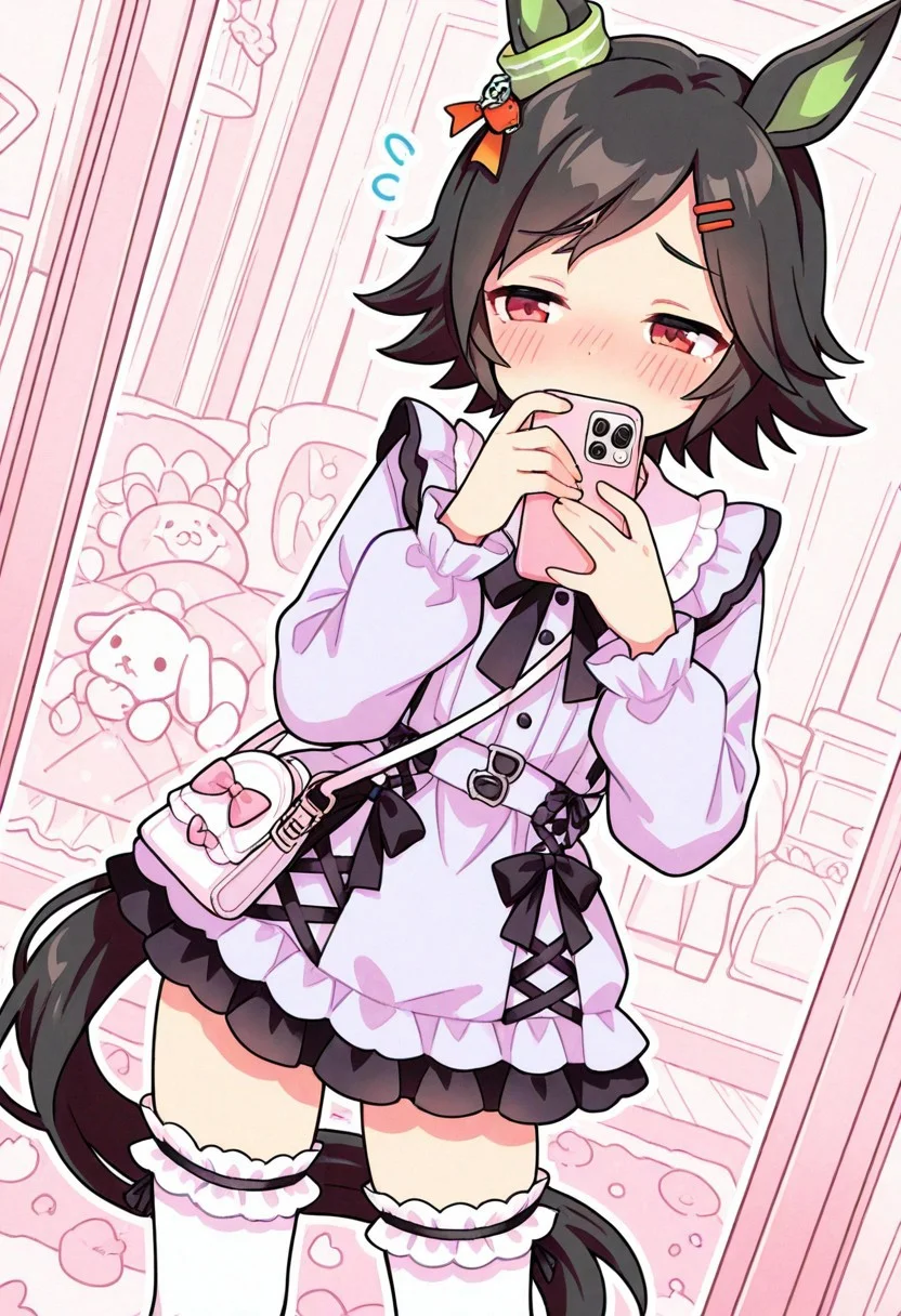 masterpiece,best quality,amazing quality,very aesthetic,absurdres,newest,high contrast, (pastel colors),s0wasow4rt_illu
1girl,solo,winning ticket \(umamusume\),(aged down:0.7),horse tail,
cute, kawaii, jirai_kei, shoulder bag, frilled thighhighs
BREAK 
half-closed eyes, embarrassed,slook away,(sweat:0.3),(blush:0.3),flying sweatdrops,
contrapposto, selfshot,taking a selfie in the mirror,smartphone, 
BREAK 
(upper body:1.3),dutch angle,white outline,
indoors, room,stuffed dog,cushion,carpet