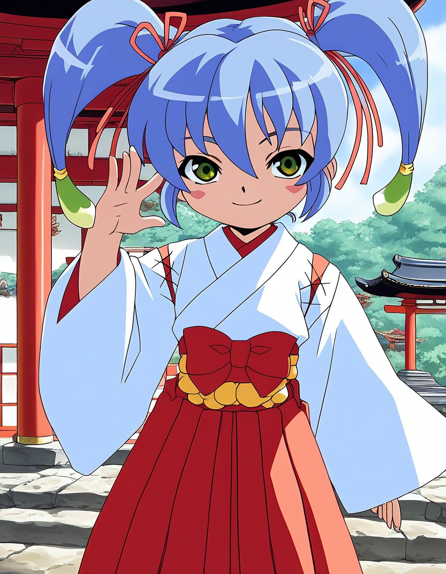 score_9, score_8_up, score_7_up, source_anime, rating_explicit, BREAK  <lora:Nazuna_OnmyouTaisenki_XL:1> Nazuna, blue hair, green eyes, blush stickers, twintails, hair ribbon, flat chest, miko,  short stack,
japanese clothes, red_hakama, hakama_skirt,  bow, long sleeves, Yellow_Beruto, wide sleeves, kimono, 
smile,
looking at viewer, 
cowboy_Shot,
shrine, outdoor,