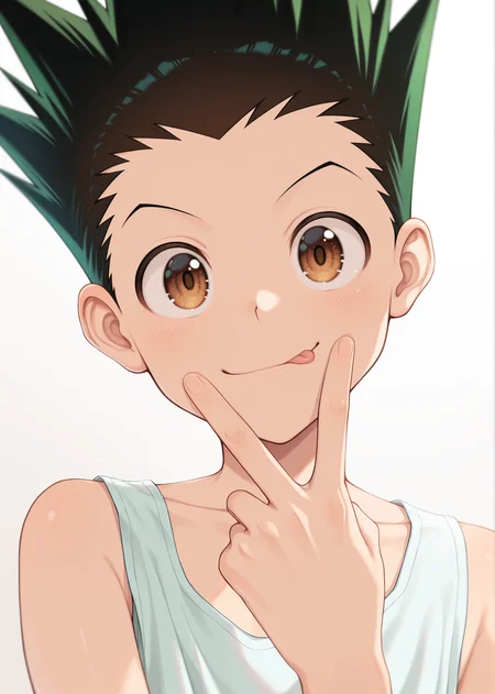 masterpiece, best quality, absurdres, amazing quality, 1boy, solo, male focus, <lora:IlluGon-000010:1> illugon, black hair, green hair, spiked hair, brown eyes, portrait, tongue out, v, v over mouth, smirk, looking at viewer, collarbone, tank top,