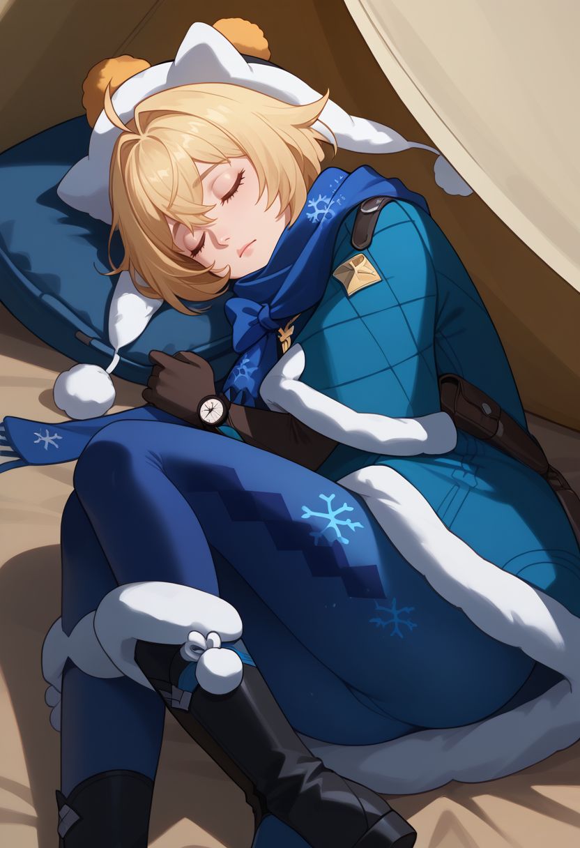 score_9, score_8_up, score_7_up, source_anime, 1girl, lynxlandaudef, closed eyes, blonde hair, short hair, ahoge, hat, blue scarf, fur trim, fur-trimmed capelet, blue capelet, white jacket, winter clothes, blue pantyhose, snowflake print, black elbow gloves, watch, fur-trimmed boots, lying, on back, on side, looking to the side, sleeping bag, tent, sleeping, closed mouth, close-up, upper body, <lora:LynxLandau_v1-000010:1>