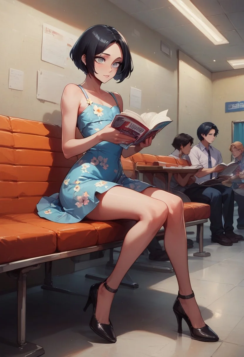 score_9, score_8_up, score_7_up, 1boy, femboy, otoko no ko, short hair, bob cut hair, black hair, grey eyes, gray eyes, feminine face, toned body, Shelly, sitting, floral sundress, cute sundress, holding magazine, reading, high heels, highly detailed, intricate, zzCitronLegacy, indoors, airport, waiting room, rows of seats, crowded