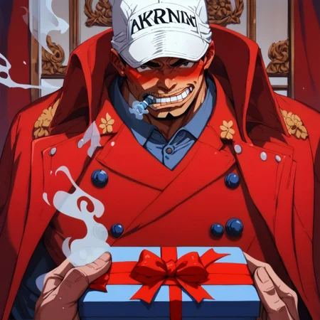 score_9, score_8_up, score_7_up, masterpiece, red suit, white cap, 1 boy, akainu, cigar, blush, very high quality, PovGifting, pov hands, holding gift, gift box