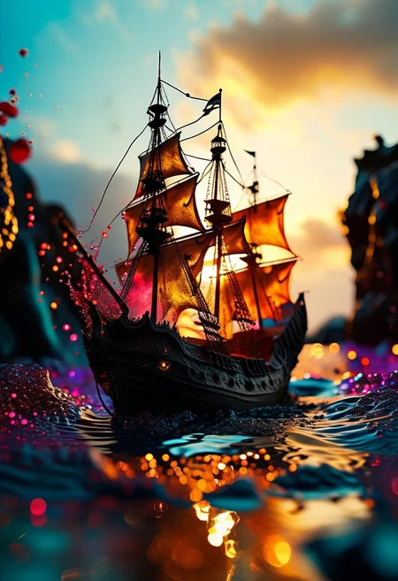 (sailing on vast expansive completely viscous liquid dreamscape gooey organic surface material with gleaming:1.28) sap, (pitch black dark midnight:1.2), miniature (immense scale magnificent ancient tattered pirate ship flying at world's edge:1.4) concentric islands, (multicolor vibrant RGB spectrum blended mixing:1.2), (lava:0.4) (lamp, swirling amorphous liquid rising bubbling into sky hovering floating, bioluminescence glowing:1.26) particles, (sloshing backwash) creating splashes, non-newtonian (fluid:1.24) watereffects, (prismatic color grading), 4k, highres, best quality, dramatic, cinematic, epic, (concept art, digital art, realistic, professional masterpiece, dynamic, (curvilinear perspective), tilt shift, iris blur, bokeh, sharp clarity:1.2), style-nebmagic, fine intricate details, interior lit, great lighting, dappled soft lighting, volumetric lighting, detailed highlights, rim lighting