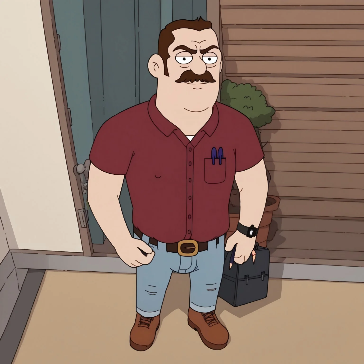 safe_pos, rating_nsfw, 1male, solo male, male focus, solo, 1guy, 1person, dutch angle, full-angle view, full body view, dynamic angle, dynamic view, masculine, macho, best quality, smooth anime, score_9, score_8_up, score_7_up, masterpiece, highres, absurdres, cartoon art style, cartoon animation, BREAK
MrBirchum, red button-up shirt, nipple outline, jeans, mustache, brown hair, pens in shirt pocket, bulge, wearing shirt