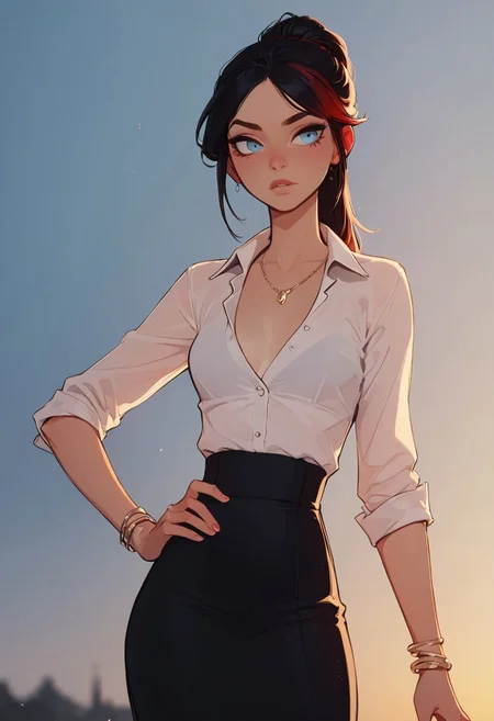 safe_pos, score_9, score_8_up, score_8, 1girl, solo, perfect face, light blue eyes, boot heels, formal white shirt, black skirt, cowboy shot, small breasts, long black hair, red highlights, elegant ponytail, bracelet, necklace, parted bangs, hand on hip, refined, volumetric lighting, cinematic lighting, blurry background, close up