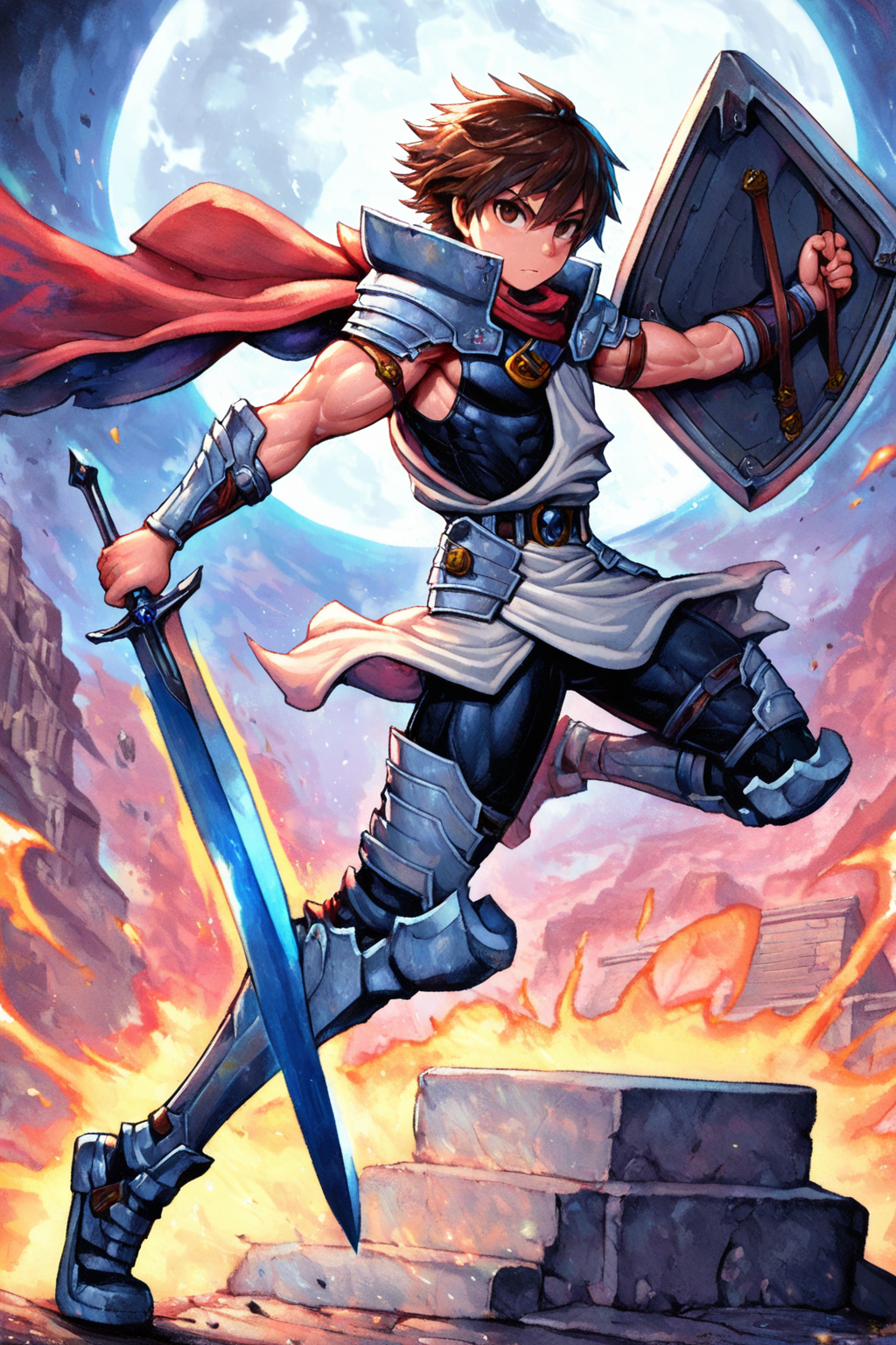 masterpiece,best quality,amazing quality, hatching (texture), FMIXF, vibrant details, vibrant colors, GOHPROT, 1boy, male focus, toned male, short hair, brown hair, brown eyes, red cape, shoulder armor, black sleeveless bodysuit, ((white toga)), belt, belt buckle, waist armor, vambraces, greaves, full body, looking at viewer, holding sword, holding shield, action pose, dash slide, purple greek temple background, moon