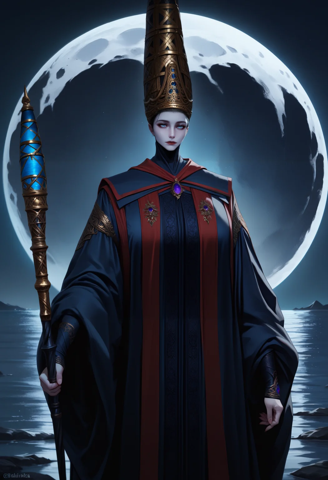 masterpiece, best quality, newest, hdr, dark, night, outdoors, closed mouth, full moon, moonlight, moonlight, huge moon, water, 1girl, solo,
Re0n1, blue eyes, red lips, lipstick, black hair, pale skin, conical hat, jeweled hat, tall hat, pointy hat, gold crown, purple brooch, high collar, blue dress, long dress, long sleeves, sleeves past wrists, wide sleeves, red sash, holding staff,
cowboy shot, looking at viewer, expressionless,
<lora:Rennala, Queen of the Full Moon:1>