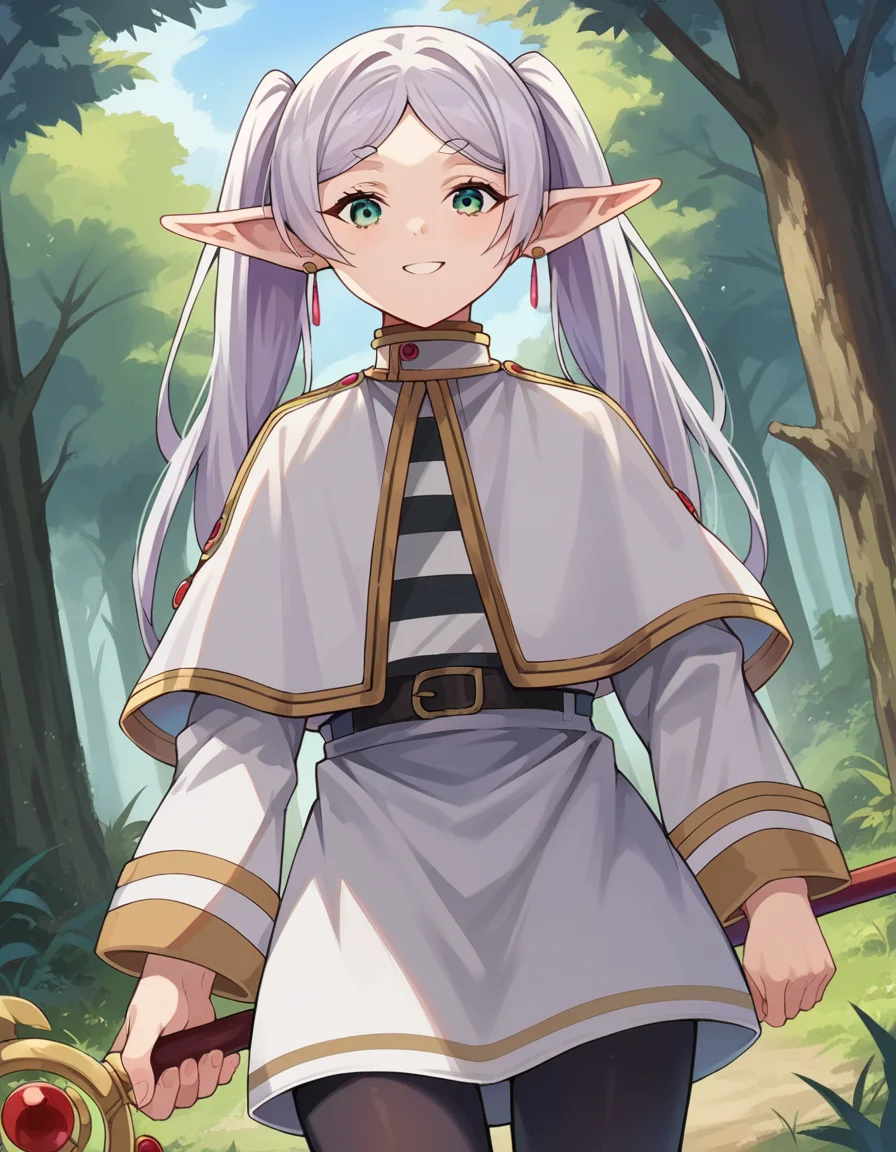 score_9, score_8_up, score_7_up, source_anime,
frieren, <lora:frieren-ponyxl-lora-nochekaiser:1>,
frieren, long hair, twintails, green eyes, grey hair, pointy ears, elf, smile,
shirt, long sleeves, jewelry, pantyhose, earrings, striped, black pantyhose, capelet, striped shirt, skirt, white skirt,
outdoors, forest, nature, staff, holding staff, briefcase,
looking at viewer, cowboy shot, dutch angle,