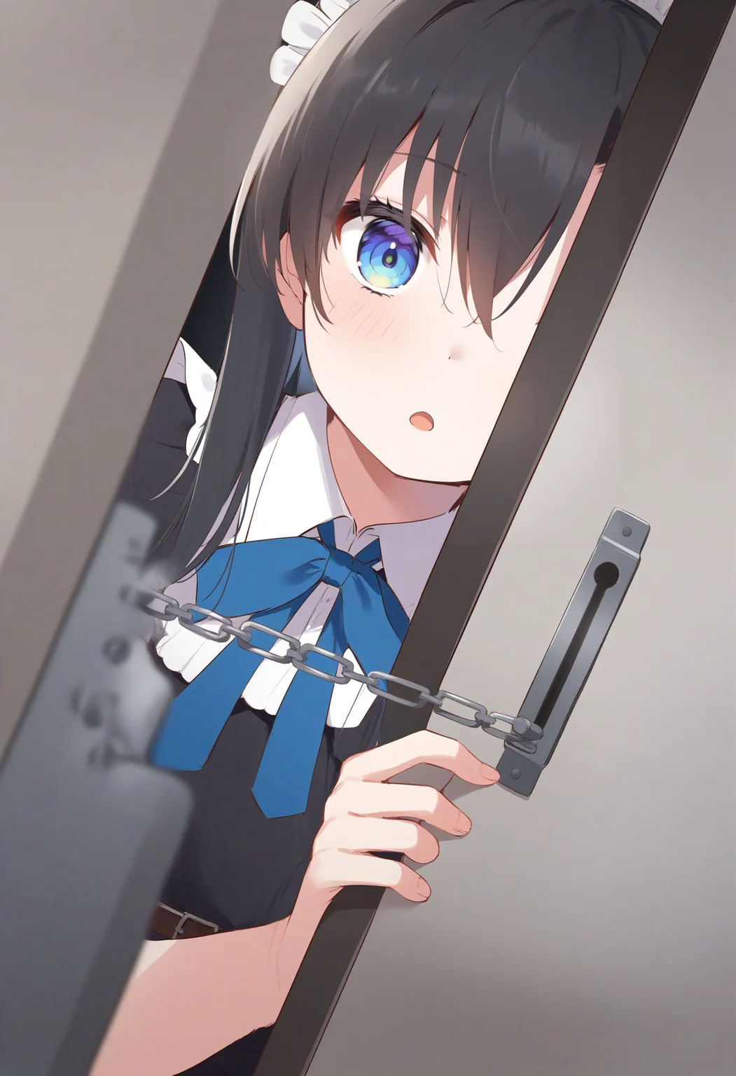 1girl,sincos, ningen mame, toosaka asagi,solo,medium breasts,20yo,maid,maid headdress,
door chain, peeking out, open door,<lora:doorchain_XL_v1:1.0>
chain, pov doorway, opening door, close-up,
from side, fisheye lens, looking down, blue hair, gray eyes,confused, oceans, open mouth, braid ponytail hair,,
best quality, very aesthetic, absurdres ,