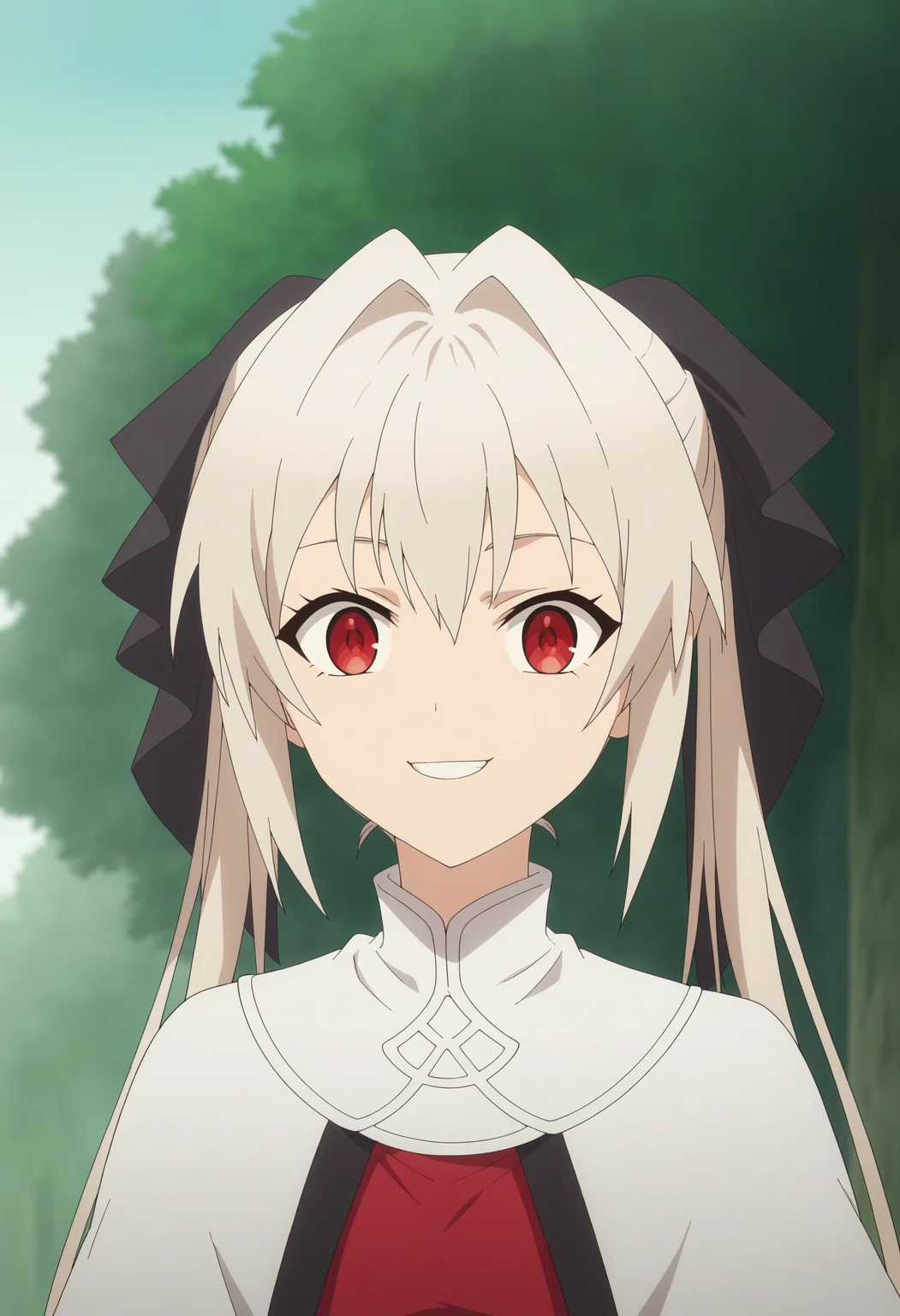 score_9, score_8_up, score_7_up, score_6_up, score_5_up, score_4_up , anime coloring ,BREAK source_anime, anime,screencap,
1girl, solo, lynneburg, hair ribbon,red shirt, white capelet, <lora:PonyXL Parry Lynne:1>
outdoors, upper body,
smile, looking at viewer,
