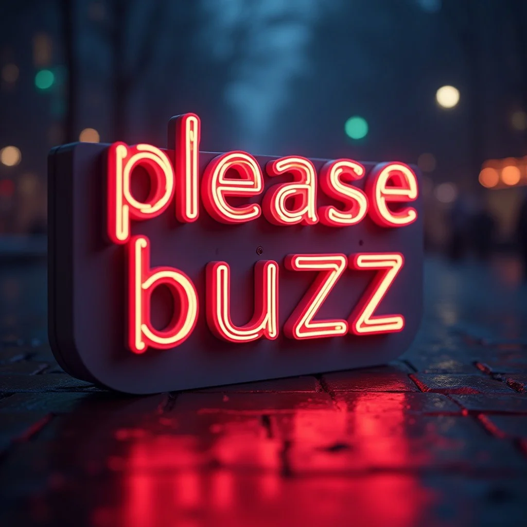 it says "please buzz" in 3d text cinematic , dutch angle