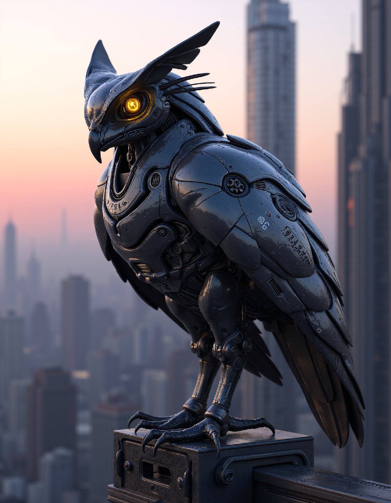 Photorealistic image of a sleek, futuristic owl robot with intricate chrome feathers, yellow glowing neon eyes and advanced sensor arrays, perched atop a towering cyberpunk cityscape at twilight, ultra-detailed