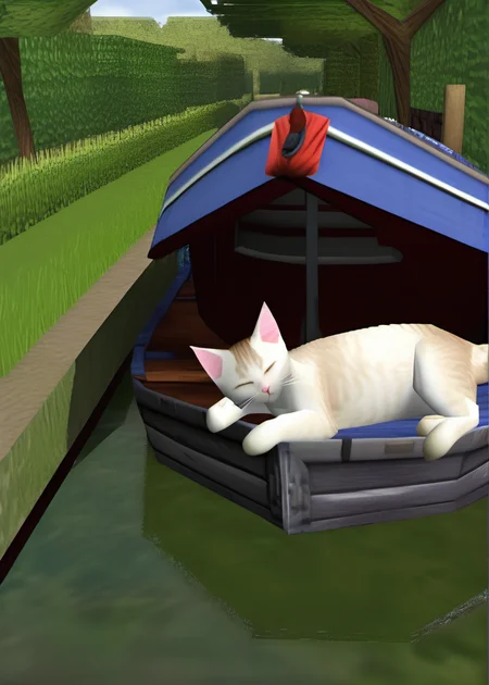sleeping curled up kitten, canal boat, oxford canal pathway, (ps1 style:1), <lora:ps1_style_SDXL_v1:1>, (game screenshot), (computer generated image)
