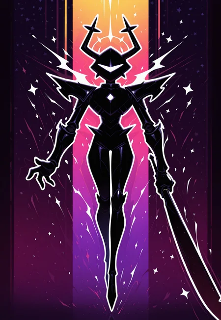 masterpiece, best quality, amazing quality, very aesthetic, absurdres, newest, (from front:1.5), wide angle, aijalon, Flatline, Flat vector illustration, dark rainbow background, starry background,
BREAK,
Roaringknight, hkcharacter, 1other, solo, full body, black body, white outline, antlers, armor, visor, wielding black sword, levitating, white aura, holes in hands