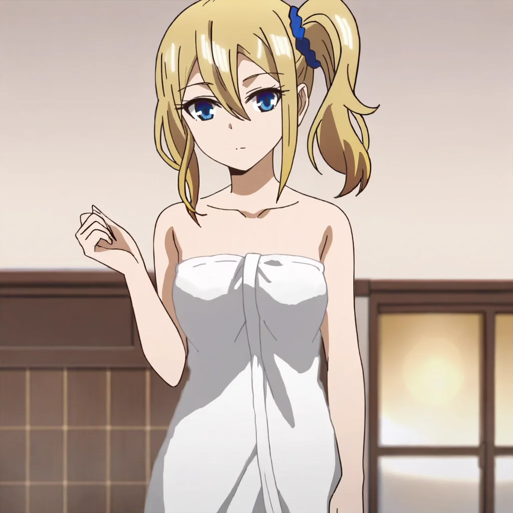 <lora:hayasakaai_pony_v1:.8>HayasakaTowel, 1girl, naked towel, blue scrunchie, blonde hair, blue eyes, hair scrunchie, side ponytail, hair ornament, hair between eyes, collarbone, bangs, bare shoulders, medium breasts, sidelocks, bare arms, cowboy shot