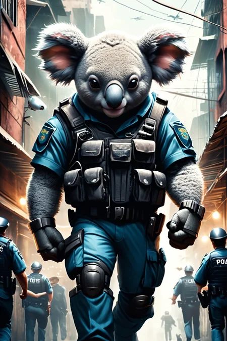 Detailed digital illustration of an anthro Koala (Holding hands tenderly, expressing connection) at a Hovering police drones patrolling dark alleys, <lora:xl_more_art-full_v1:0.5>, <lora:anthro_muscular:0.7>, <lora:MJ52:0.6>, <lora:madpunk:0.4> madpunk
