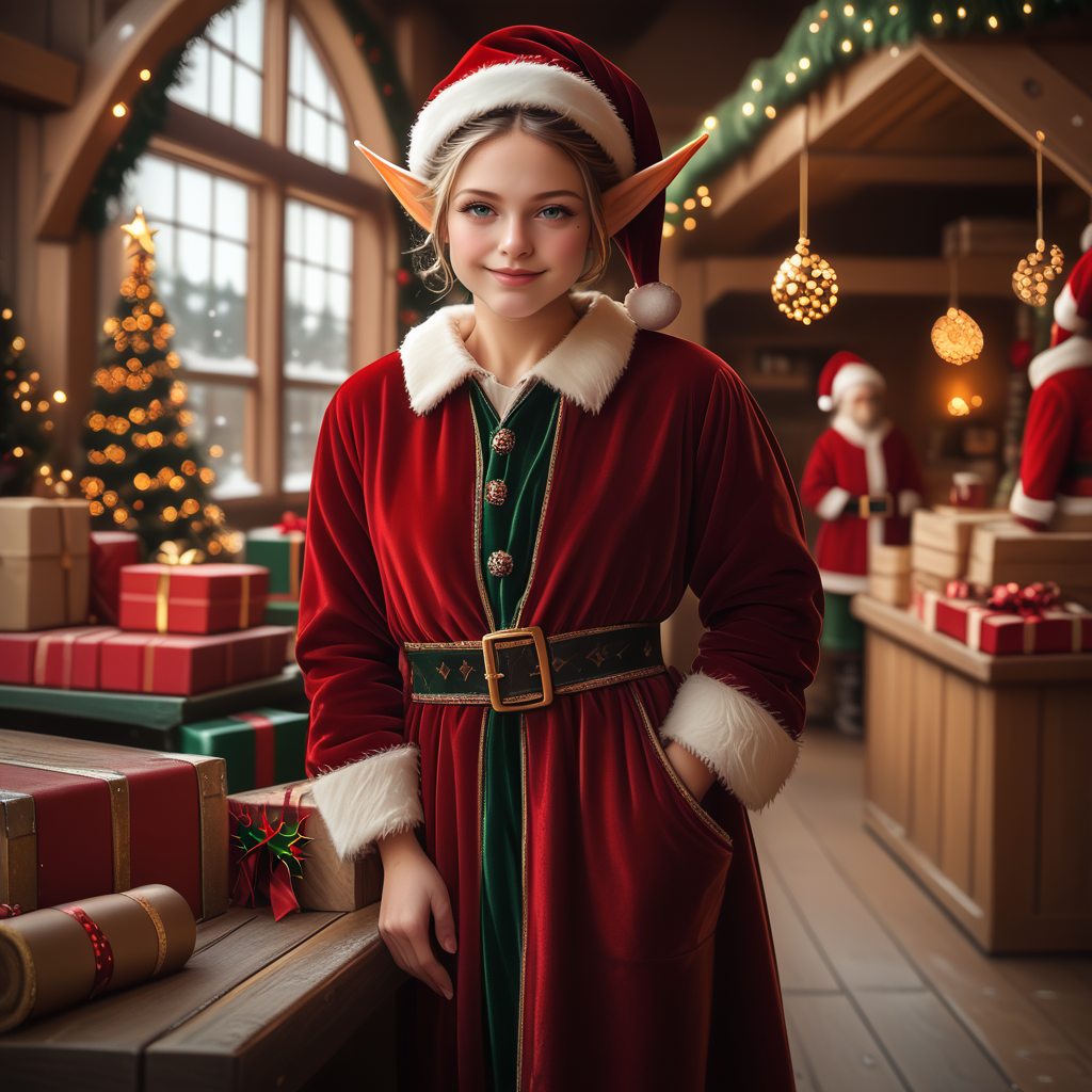 score_6_up,score_5_up,score_4_up,
<lora:Wolvies_Christmas_Elf_v241212.1436:1> xmas_elf, female elf, old, Christmas, holiday, complex background, working in the stables, in Santa's workshop, North Pole, concentration, slight smile, realistic, highly detailed, in focus, excellent quality, high resolution, Christmas background, Christmas decorations, cozy, masterpiece, best quality, very aesthetic, (accurate eyes:1.2), (detailed and precise face:1.2), Realistic photo, life-like, depth of field, detailed textures, bright colors, natural light, ultra HD, fine details, soft background blur, photographic quality