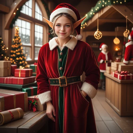 score_6_up,score_5_up,score_4_up,
<lora:Wolvies_Christmas_Elf_v241212.1436:1> xmas_elf, female elf, old, Christmas, holiday, complex background, working in the stables, in Santa's workshop, North Pole, concentration, slight smile, realistic, highly detailed, in focus, excellent quality, high resolution, Christmas background, Christmas decorations, cozy, masterpiece, best quality, very aesthetic, (accurate eyes:1.2), (detailed and precise face:1.2), Realistic photo, life-like, depth of field, detailed textures, bright colors, natural light, ultra HD, fine details, soft background blur, photographic quality