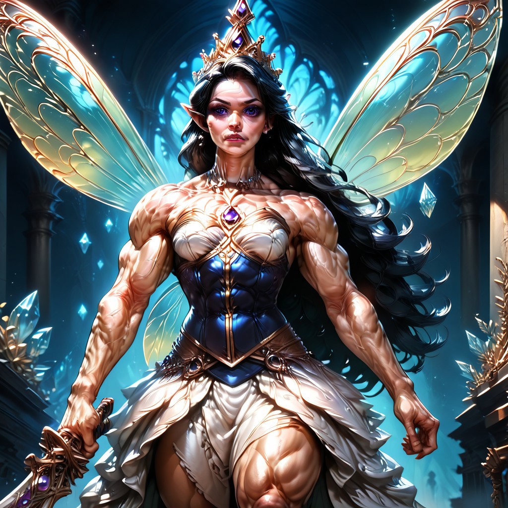 Action scene, detailed, photo realistic, hyper realistic, score_9, rating_safe, solo ((arch fey, violet eyes, (beautiful woman, white underbust corset, skirt, pants, sword belt, and holding a sword), ((bronze metallic gold skin ral-polishedsteel)), ((huge muscles, muscular shoulders, muscular thighs, muscular biceps, small petite breasts)), (fairy wings), (long black hair))), (standing next to a multicolored crystal throne, in a detailed throne room filled with treasures, detailed lighting), hi res, hi quality, 4k, concept art, digital art, realistic, detailed background, lens flare, pixel art, piratical beauty, great lighting