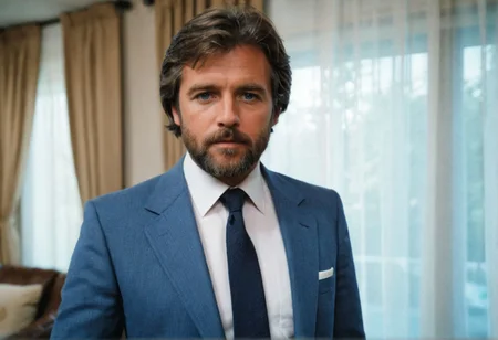 ((CinematicPortrait analog photo)) middle aged suit man beard indoors, blue eyes, (living room sheer curtain), ((soft focus, depth of field, film grain, looking at viewer)) <lora:CinematicPortraitXL_v3:0.65>
