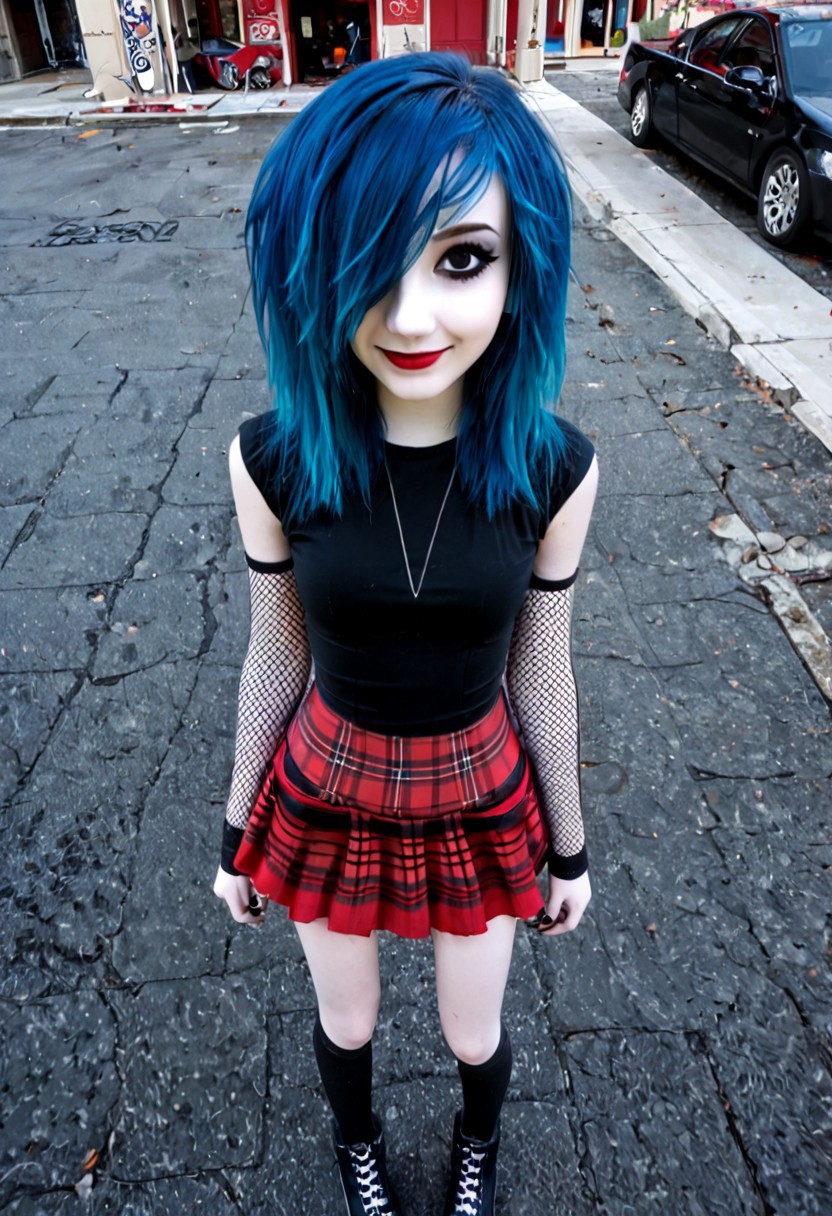 solo, emo girl, emo style, emo clothes, emo make up, pale skin, standing, emo hair, blue hair, view from above, tartan skirt, red skirt, black eyes, pale face, head down, hair covering one eye, fishnet sleeves, fishnet tighthigs, emo face, emo, slim body,  2000s emo girl, 2000s, smile, streets, outdoors, high detail, 4k